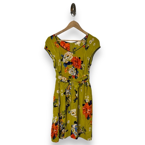 Moulinette Soeurs Anthro 100% Silk Green Floral Short Cap Sleeve A-Line Dress 6 - Picture 2 of 9